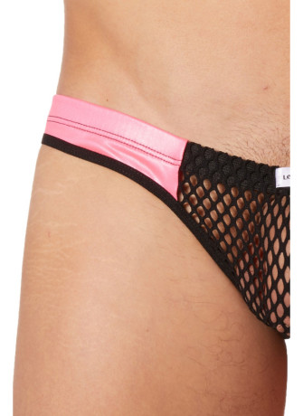Slip noir filet avec bandes simili cuir roses - LM911-61MBKM